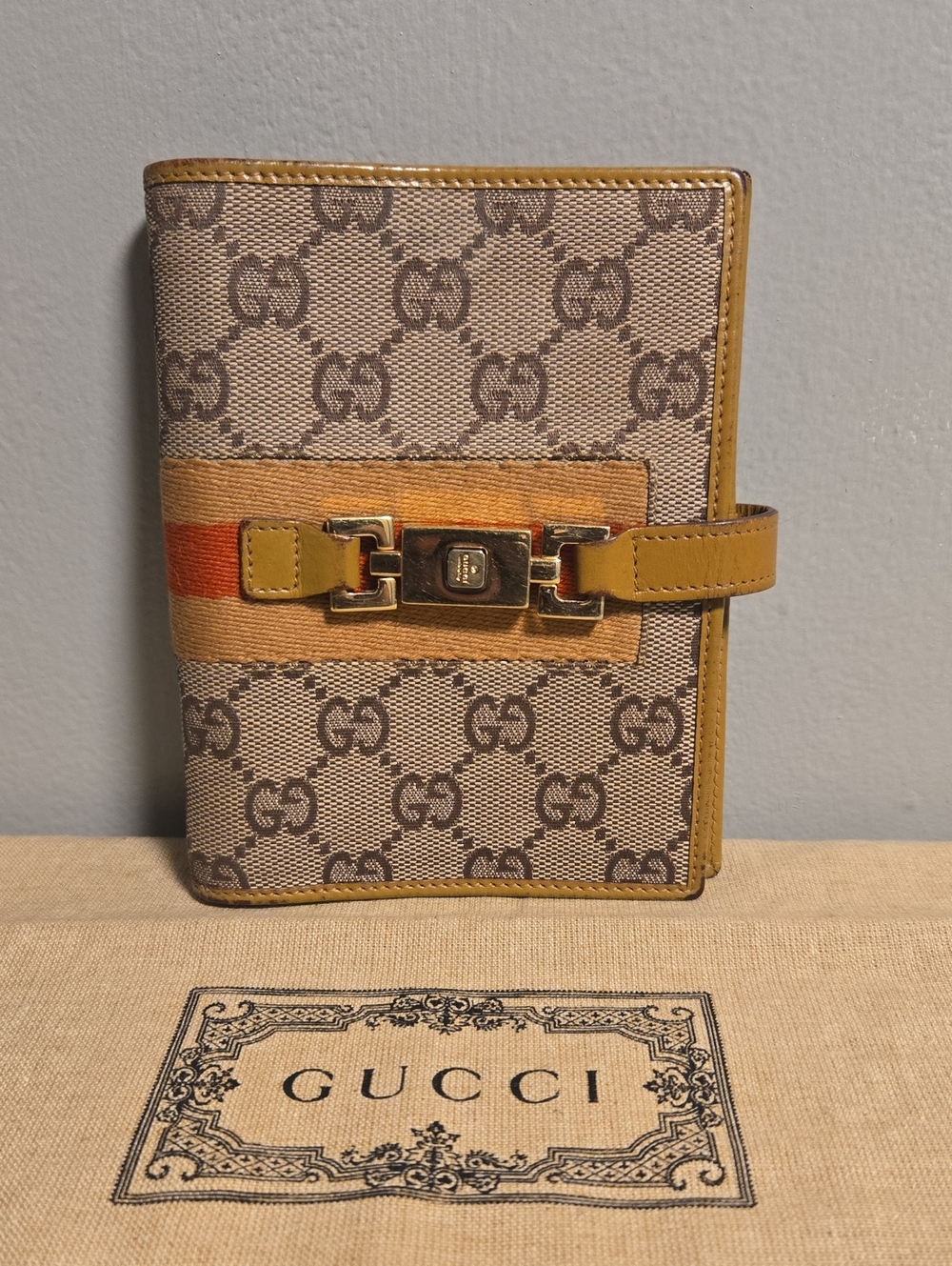 Gucci Beige Brown GG Canvas Passport Wallet Yellow Trim and Orange Stripe